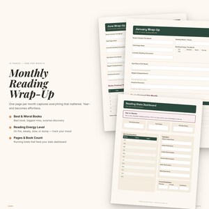 以下が含まれることがあります： 「June Wrap-Up」と「January Wrap-Up」の文字が入った、緑色のヘッダーが付いた白い紙の束。読書習慣を追跡するためのもので、読んだ本、ページ数、気分などのセクションがあります。