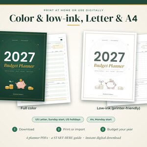 May include: A 2027 budget planner digital download set featuring a dark green full-color version and a white low-ink version. Each planner cover displays the text 2027 Budget Planner, a pink piggy bank, and gold coins. Includes US Letter and A4 formats.