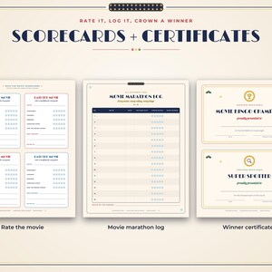 May include: A set of printable scorecards and certificates featuring the text SCORECARDS + CERTIFICATES, RATE THE MOVIE, MOVIE MARATHON LOG, MOVIE BINGO CHAMPION, and SUPER SPOTTER. The documents include rating scales and log tables.