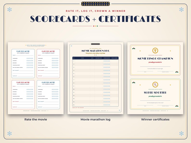May include: A set of printable scorecards and certificates featuring the text SCORECARDS + CERTIFICATES, RATE THE MOVIE, MOVIE MARATHON LOG, MOVIE BINGO CHAMPION, and SUPER SPOTTER. The documents include rating scales and log tables.