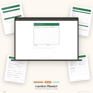 May include: A digital garden planner displayed on a laptop screen, featuring a grid layout, alongside several printable PDF pages. The planner includes sections for monthly planning, budgeting, and other garden-related details. The text at the bottom reads "Garden Planner".