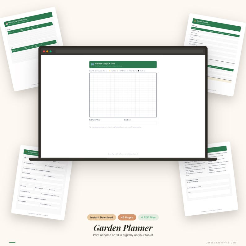May include: A digital garden planner displayed on a laptop screen, featuring a grid layout, alongside several printable PDF pages. The planner includes sections for monthly planning, budgeting, and other garden-related details. The text at the bottom reads "Garden Planner".