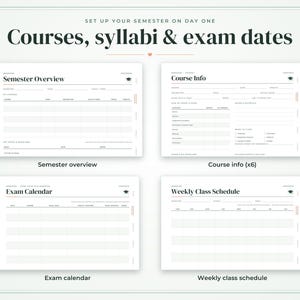 May include: A set of four white digital planner pages featuring black text and minimalist lines. The pages are titled Semester Overview, Course Info, Exam Calendar, and Weekly Class Schedule, each including a small graduation cap icon.