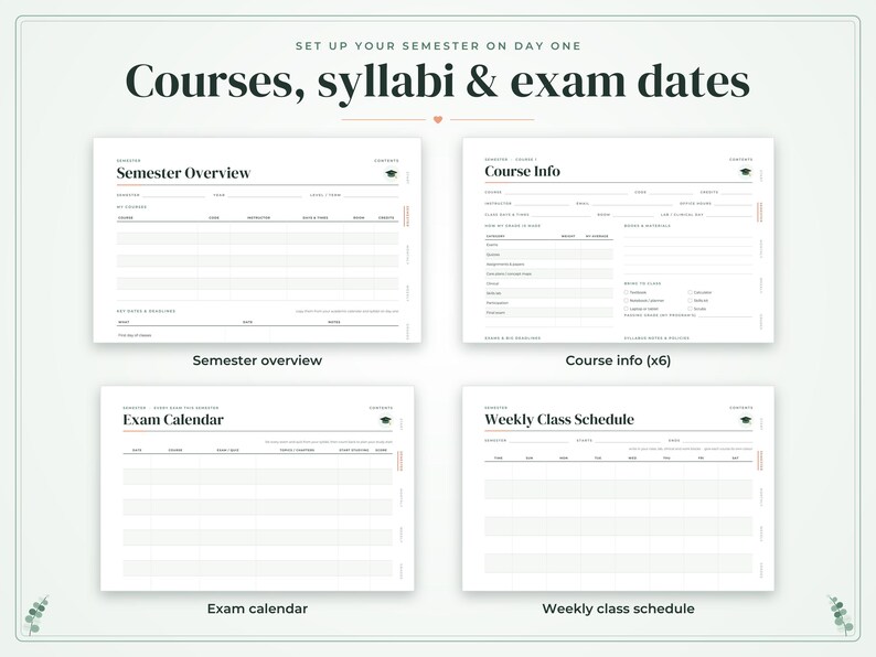 May include: A set of four white digital planner pages featuring black text and minimalist lines. The pages are titled Semester Overview, Course Info, Exam Calendar, and Weekly Class Schedule, each including a small graduation cap icon.