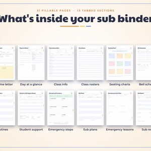 May include: A digital sub binder template featuring 51 fillable pages and 13 tabbed sections. The layout displays 11 distinct document templates including a welcome letter, seating charts, and emergency procedures with clear headings.