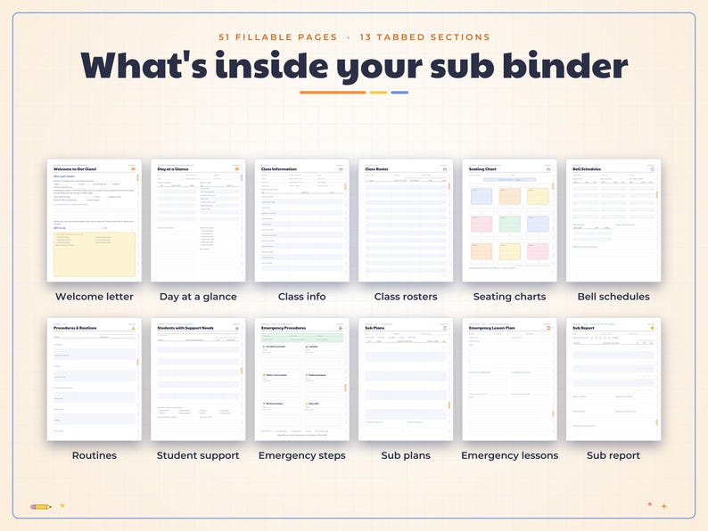 May include: A digital sub binder template featuring 51 fillable pages and 13 tabbed sections. The layout displays 11 distinct document templates including a welcome letter, seating charts, and emergency procedures with clear headings.