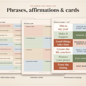 May include: Three printable sheets featuring affirmation strips, intention cards, and phrases and sayings. The pages contain pastel-colored boxes with text such as This is my year, Dream big, start small, and Good things take time, organized in a grid layout.