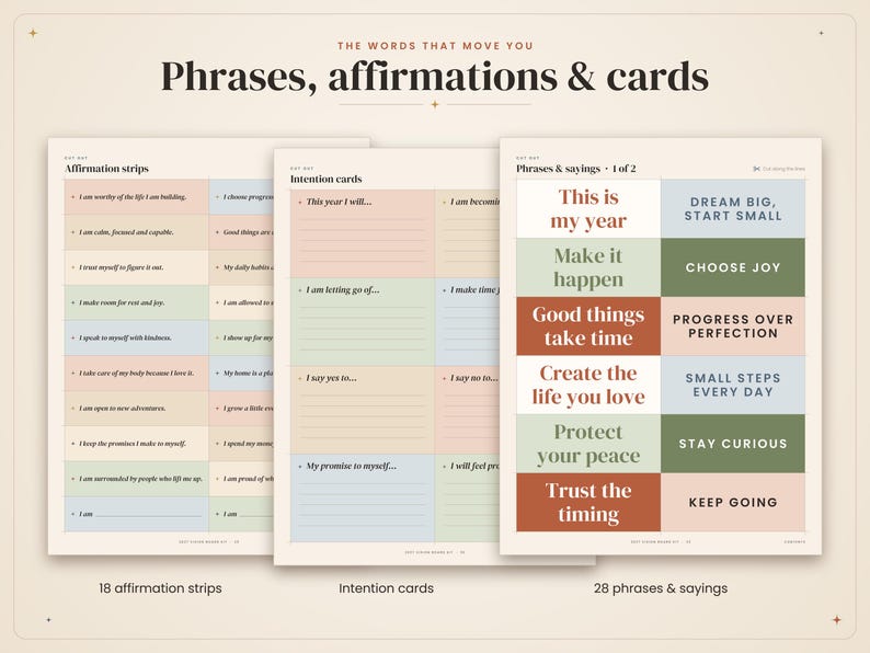 May include: Three printable sheets featuring affirmation strips, intention cards, and phrases and sayings. The pages contain pastel-colored boxes with text such as This is my year, Dream big, start small, and Good things take time, organized in a grid layout.