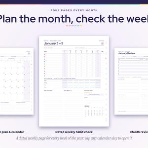 May include: A digital planner layout featuring three distinct pages: a January Plan calendar, a dated weekly habit check for January 3-9, and a January Review. The text reads: Four pages every month, Plan the month, check the week.