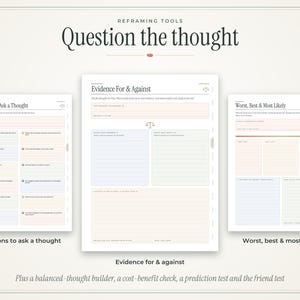 May include: Three digital worksheets titled Reframing Tools, Question the thought, Evidence For & Against, and Worst, Best & Most Likely. These white pages feature pastel-colored boxes, lined sections for writing, and small scale icons.