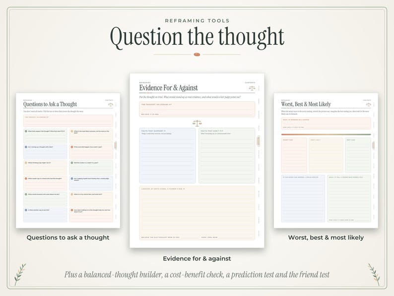 May include: Three digital worksheets titled Reframing Tools, Question the thought, Evidence For & Against, and Worst, Best & Most Likely. These white pages feature pastel-colored boxes, lined sections for writing, and small scale icons.