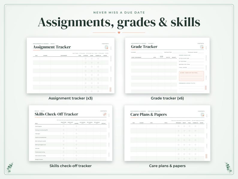 May include: A digital planner set featuring four templates titled Assignment Tracker, Grade Tracker, Skills Check-Off Tracker, and Care Plans & Papers. Each white page includes organized columns, rows, and headers for academic tracking.