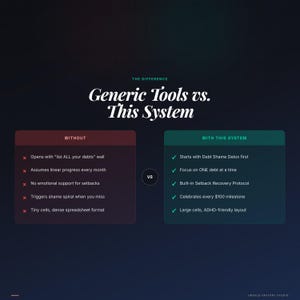 May include: A graphic comparing "Generic Tools" and "This System" on a dark blue background. The text reads "The Difference: Generic Tools vs. This System." The left side, in a red box, lists drawbacks. The right side, in a green box, lists benefits.
