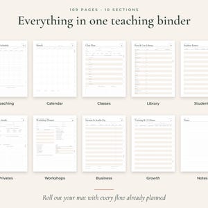May include: A digital teaching binder planner with 109 pages and 10 sections, featuring templates for weekly schedules, calendars, class plans, library, students, private client intake, workshop planners, business, growth, and notes.