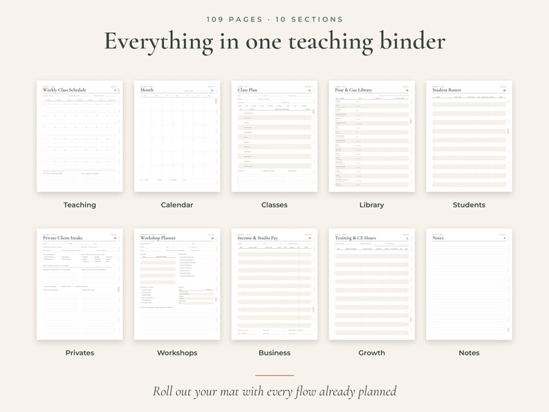 May include: A digital teaching binder planner with 109 pages and 10 sections, featuring templates for weekly schedules, calendars, class plans, library, students, private client intake, workshop planners, business, growth, and notes.