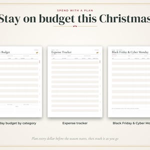 Może przedstawiać: Zestaw trzech arkuszy do planowania budżetu z tekstem Spend with a plan, Stay on budget this Christmas, Holiday Budget, Expense Tracker oraz Black Friday & Cyber Monday. Strony zawierają uporządkowane wiersze i kolumny do śledzenia wydatk&oacute;w.
