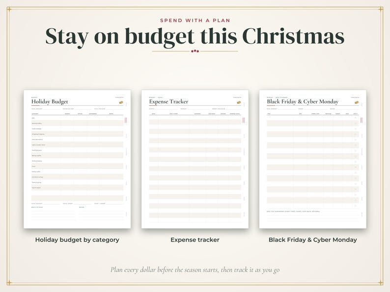 Może przedstawiać: Zestaw trzech arkuszy do planowania budżetu z tekstem Spend with a plan, Stay on budget this Christmas, Holiday Budget, Expense Tracker oraz Black Friday & Cyber Monday. Strony zawierają uporządkowane wiersze i kolumny do śledzenia wydatk&oacute;w.