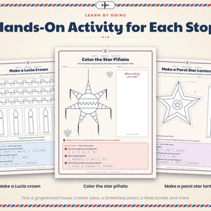 May include: Three educational activity sheets with a red and blue airmail border. The pages feature black and white line drawings for coloring and cutting, titled Make a Lucia Crown, Color the Star Pi&ntilde;ata, and Make a Parol Star Lantern.