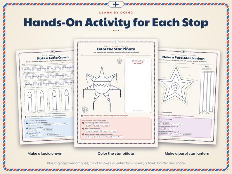 May include: Three educational activity sheets with a red and blue airmail border. The pages feature black and white line drawings for coloring and cutting, titled Make a Lucia Crown, Color the Star Pi&ntilde;ata, and Make a Parol Star Lantern.