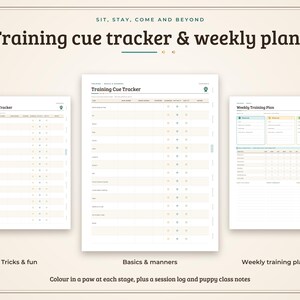 May include: A set of printable training cue trackers and weekly plans featuring the text "Training cue tracker & weekly plans" and "Sit, stay, come and beyond." The documents include columns for tracking progress with paw icons, session logs, and puppy class notes.