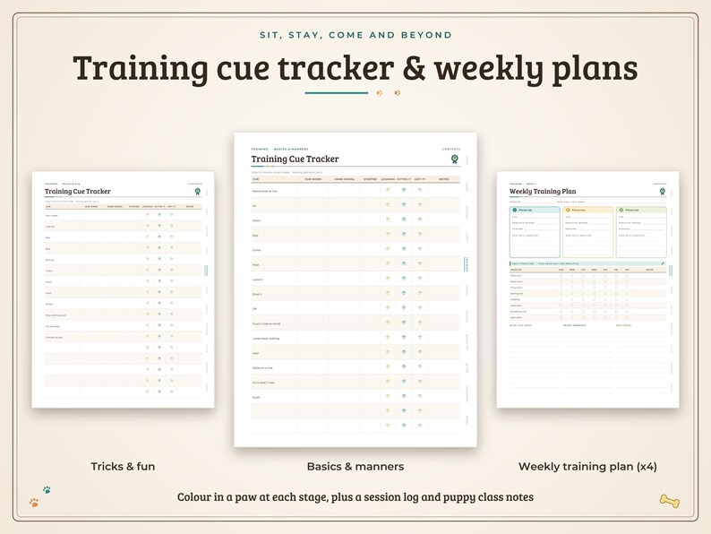May include: A set of printable training cue trackers and weekly plans featuring the text "Training cue tracker & weekly plans" and "Sit, stay, come and beyond." The documents include columns for tracking progress with paw icons, session logs, and puppy class notes.