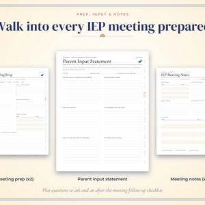 以下が含まれることがあります： IEPミーティング用のデジタルプランナーセット。IEP Meeting Prep、Parent Input Statement、IEP Meeting Notesの3種類のページレイアウトが含まれています。ページは白地で、濃い青色のテキストと薄い黄色のアクセントが施されており、記録や準備のために構成されています。
