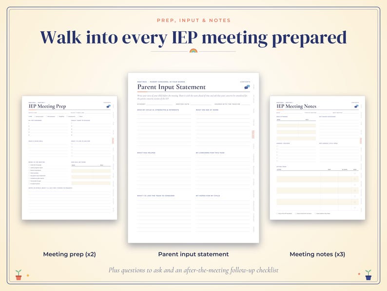 以下が含まれることがあります： IEPミーティング用のデジタルプランナーセット。IEP Meeting Prep、Parent Input Statement、IEP Meeting Notesの3種類のページレイアウトが含まれています。ページは白地で、濃い青色のテキストと薄い黄色のアクセントが施されており、記録や準備のために構成されています。