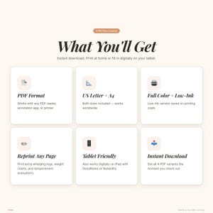 May include: An image with the text "What You'll Get" and six boxes detailing PDF format, US Letter + A4, Full Color + Low-Ink, Reprint Any Page, Tablet Friendly, and Instant Download. The image is designed for digital use and printing.