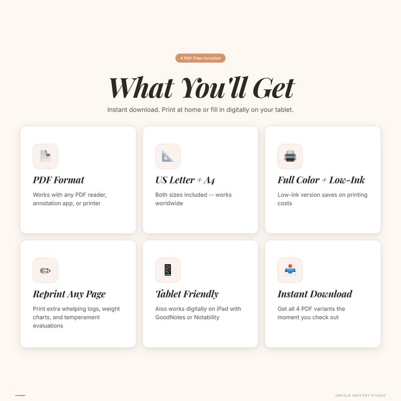 May include: An image with the text "What You'll Get" and six boxes detailing PDF format, US Letter + A4, Full Color + Low-Ink, Reprint Any Page, Tablet Friendly, and Instant Download. The image is designed for digital use and printing.