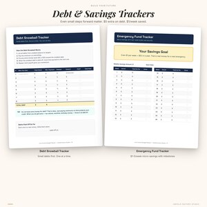 May include: Two white paper sheets featuring Debt & Savings Trackers. The left sheet is a Debt Snowball Tracker with columns for debt details and totals. The right sheet is an Emergency Fund Tracker with weekly savings columns and a goal box.