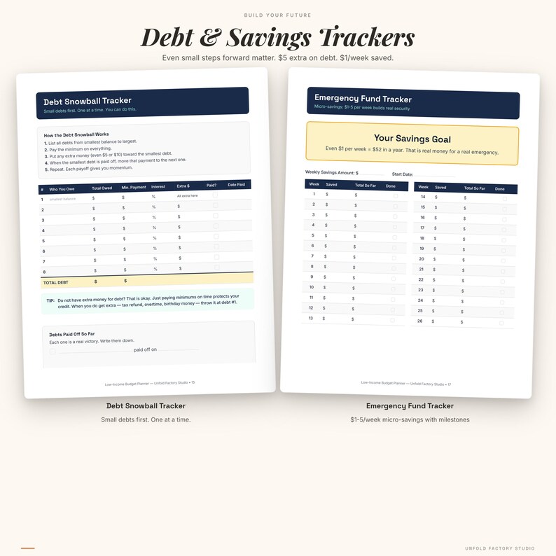 May include: Two white paper sheets featuring Debt & Savings Trackers. The left sheet is a Debt Snowball Tracker with columns for debt details and totals. The right sheet is an Emergency Fund Tracker with weekly savings columns and a goal box.
