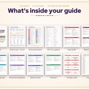 May include: A pharmacology study guide featuring 38 pages, 32 classes, and 76 prototype drugs. The layout displays a cover, instructions, drug name stems, and various medical categories including heart, blood, lungs, and brain health.