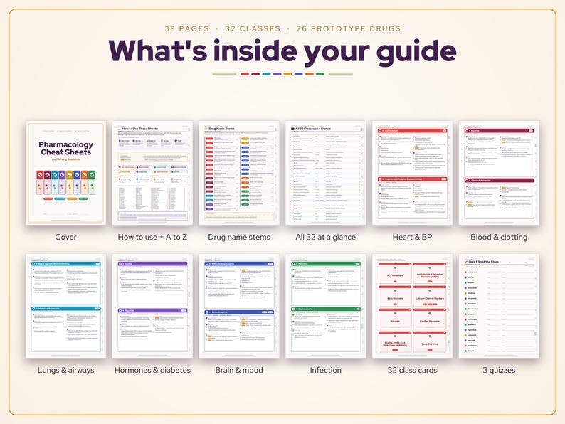 May include: A pharmacology study guide featuring 38 pages, 32 classes, and 76 prototype drugs. The layout displays a cover, instructions, drug name stems, and various medical categories including heart, blood, lungs, and brain health.