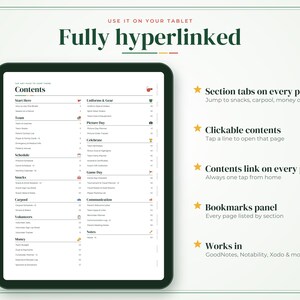 Może przedstawiać: Cyfrowy tablet wyświetlający w pełni hiperłącza stronę z zawartością planera drużyny sportowej. Ekran pokazuje sekcje dotyczące zespołu, harmonogramu, przekąsek, wsp&oacute;lnych przejazd&oacute;w, wolontariuszy, finans&oacute;w, stroj&oacute;w i komunikacji.