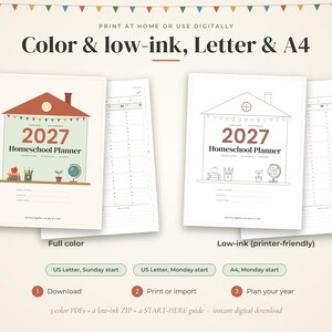 May include: A 2027 homeschool planner digital download featuring a house illustration with a red roof, bunting, and school supplies. Includes a full-color version and a low-ink printer-friendly version, with options for US Letter and A4 paper sizes.