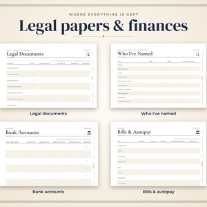 May include: A digital planner page set titled Where Everything Is Kept Legal papers & finances, featuring four distinct templates: Legal Documents, Who I've Named, Bank Accounts, and Bills & Autopay, all presented in a clean, organized layout.
