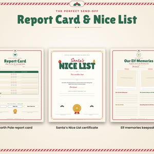 May include: A set of three printable documents titled Report Card & Nice List, featuring a North Pole report card, a Santa's Nice List certificate, and an Elf memories keepsake. Each page has a cream background with red and green text and borders.