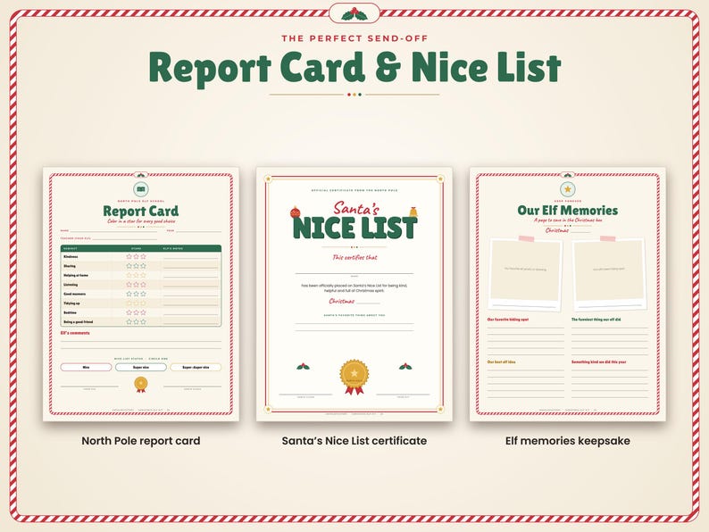May include: A set of three printable documents titled Report Card & Nice List, featuring a North Pole report card, a Santa's Nice List certificate, and an Elf memories keepsake. Each page has a cream background with red and green text and borders.