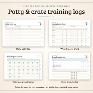 May include: A set of four digital training logs titled Potty & crate training logs, including a Daily Potty Log, Weekly Potty Chart, Potty Progress Tracker with paw icons, and a Crate Training Log with rows for tracking puppy progress.