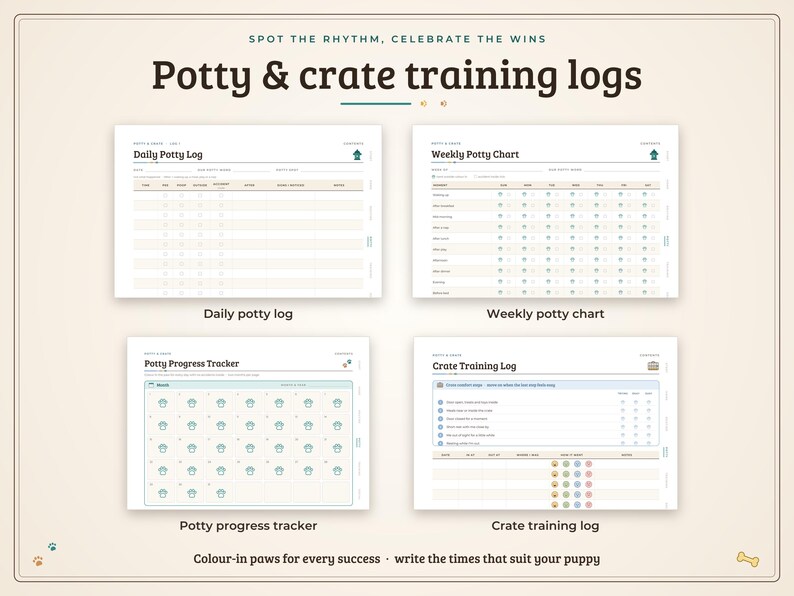 May include: A set of four digital training logs titled Potty & crate training logs, including a Daily Potty Log, Weekly Potty Chart, Potty Progress Tracker with paw icons, and a Crate Training Log with rows for tracking puppy progress.