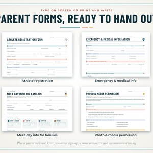 May include: A set of four printable parent forms titled Parent Forms, Ready to Hand Out, including Athlete Registration Form, Emergency & Medical Information, Meet Day Info for Families, and Photo & Media Permission with various fillable fields.