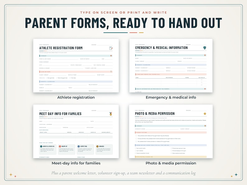 May include: A set of four printable parent forms titled Parent Forms, Ready to Hand Out, including Athlete Registration Form, Emergency & Medical Information, Meet Day Info for Families, and Photo & Media Permission with various fillable fields.