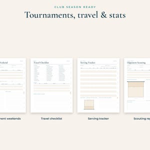 K&ouml;nnte beinhalten: Ein Set aus vier druckbaren Planerseiten mit dem Titel Club Season Ready: Tournaments, travel & stats. Die Seiten umfassen Tournament Weekend, Travel Checklist, Serving Tracker und Opponent Scouting mit strukturierten Feldern, Listen und Tabellen.