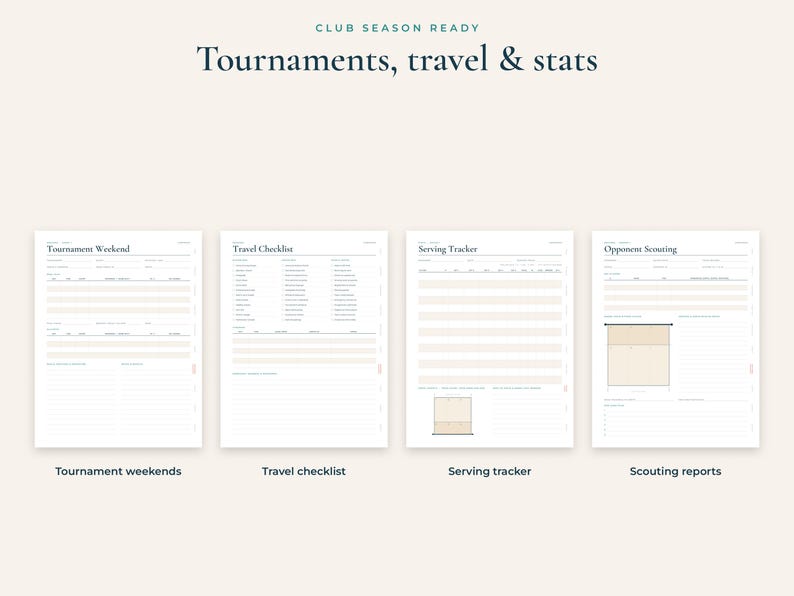 K&ouml;nnte beinhalten: Ein Set aus vier druckbaren Planerseiten mit dem Titel Club Season Ready: Tournaments, travel & stats. Die Seiten umfassen Tournament Weekend, Travel Checklist, Serving Tracker und Opponent Scouting mit strukturierten Feldern, Listen und Tabellen.