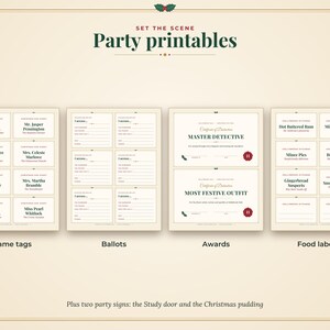Op de afbeelding: Een set printbare feestartikelen met de tekst Set the Scene Party printables. Bevat naamkaartjes, stembiljetten, onderscheidingen voor Master Detective en Most Festive Outfit, en voedseletiketten met tekst in een kerstthema.