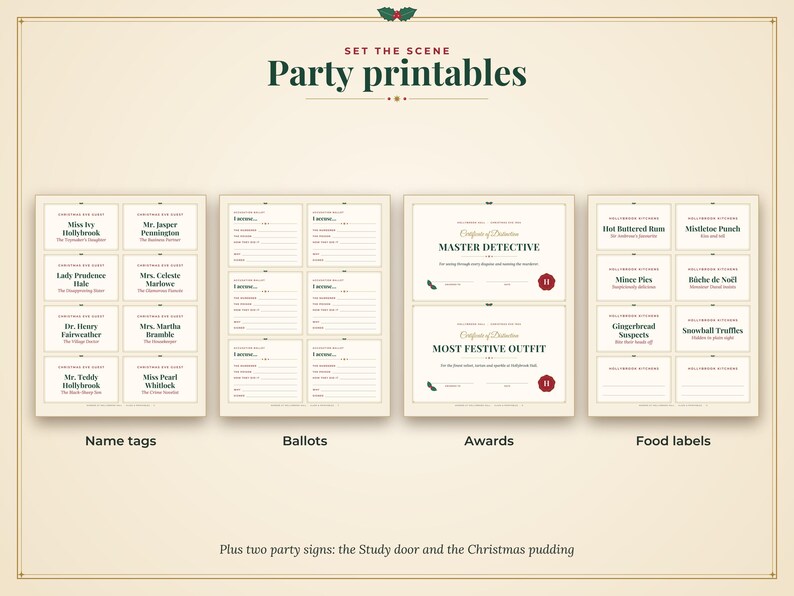 Op de afbeelding: Een set printbare feestartikelen met de tekst Set the Scene Party printables. Bevat naamkaartjes, stembiljetten, onderscheidingen voor Master Detective en Most Festive Outfit, en voedseletiketten met tekst in een kerstthema.