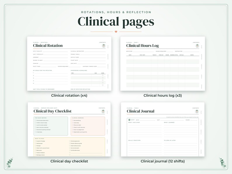 May include: A set of clinical pages featuring a Clinical Rotation form, a Clinical Hours Log, a Clinical Day Checklist with color-coded sections, and a Clinical Journal. Each page includes structured lines, checkboxes, and headers for tracking medical rotations, hours, and daily reflections.