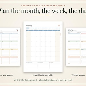 Puede incluir: Tres p&aacute;ginas de planificador sin fecha con el texto Plan the month, the week, the day. El conjunto incluye una p&aacute;gina Year at a Glance, una p&aacute;gina Monthly planner titulada January y una p&aacute;gina Weekly Planner con secciones para rutinas diarias y un reinicio semanal.