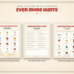 Puede incluir: Tres hojas de actividades imprimibles tituladas Even More Hunts, que incluyen una b&uacute;squeda de adornos de &aacute;rbol, una b&uacute;squeda de objetos navide&ntilde;os y una b&uacute;squeda de luces de Navidad. Cada p&aacute;gina contiene listas, iconos navide&ntilde;os coloridos y textos para juegos.