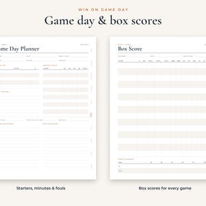 Op de afbeelding: Twee witte digitale plannerpagina's met zwarte tekst. De linkerpagina is getiteld Game Day Planner met secties voor starters, minuten en overtredingen. De rechterpagina is getiteld Box Score met kolommen voor het bijhouden van wedstrijdstatistieken.